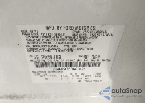 2015 Ford Flex Sel from USA, damaged, VIN 2FMGK5C85FBA13496
